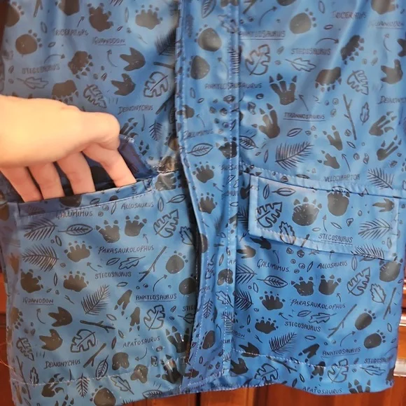 Blue Kids Rain Jacket with Orange Lining, Dinosaur Pattern, 4T - Picture 3 of 8